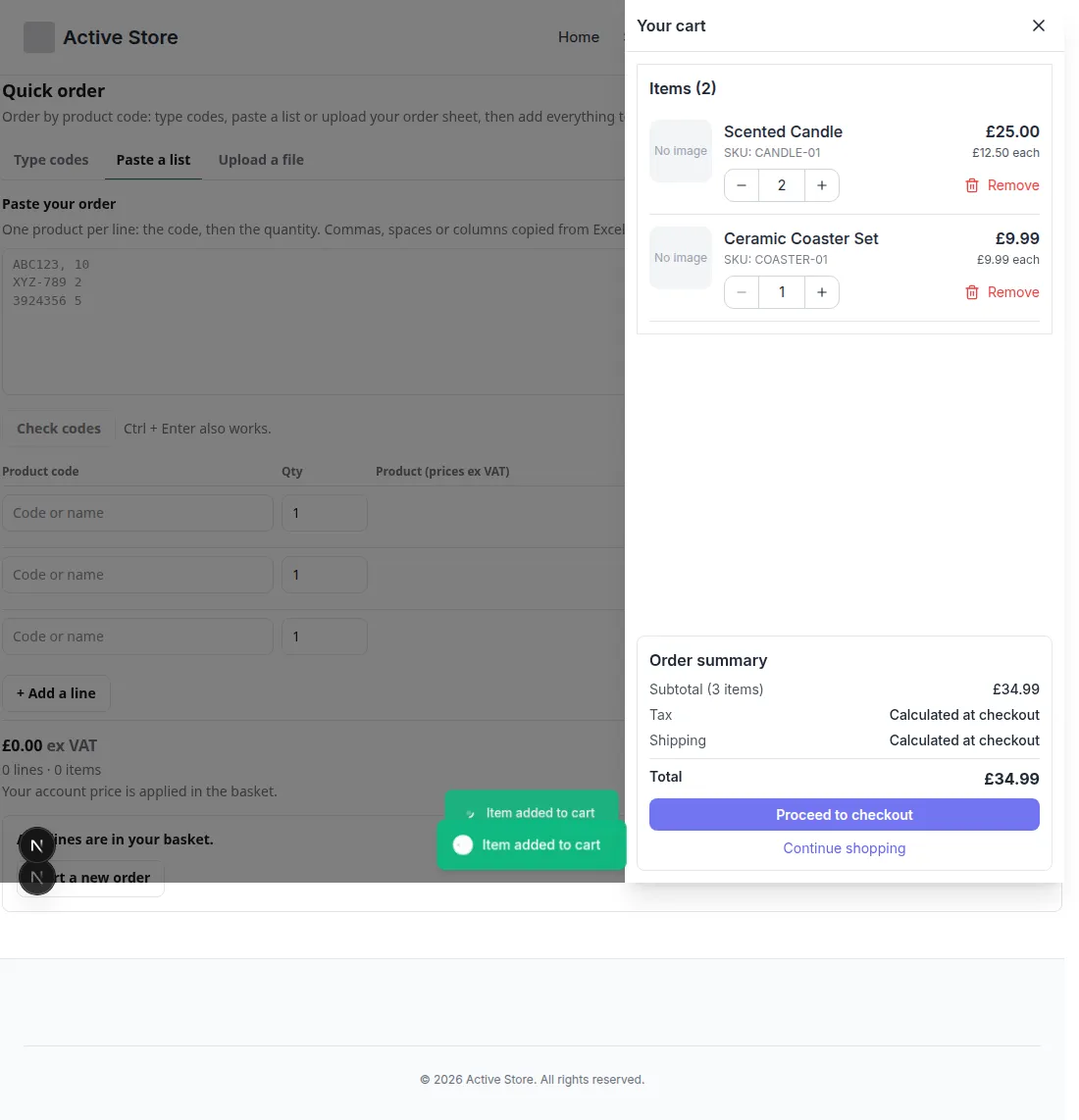 A quick order page