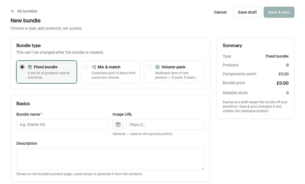The New bundle form, with the three bundle types
