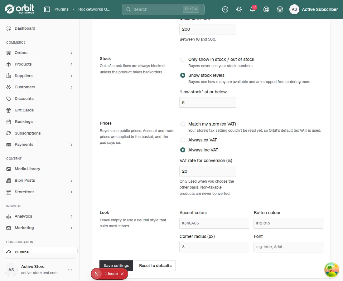 The Quick Order Pad settings tab