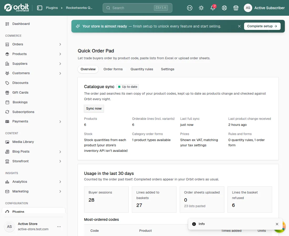 The Quick Order Pad dashboard in Orbit