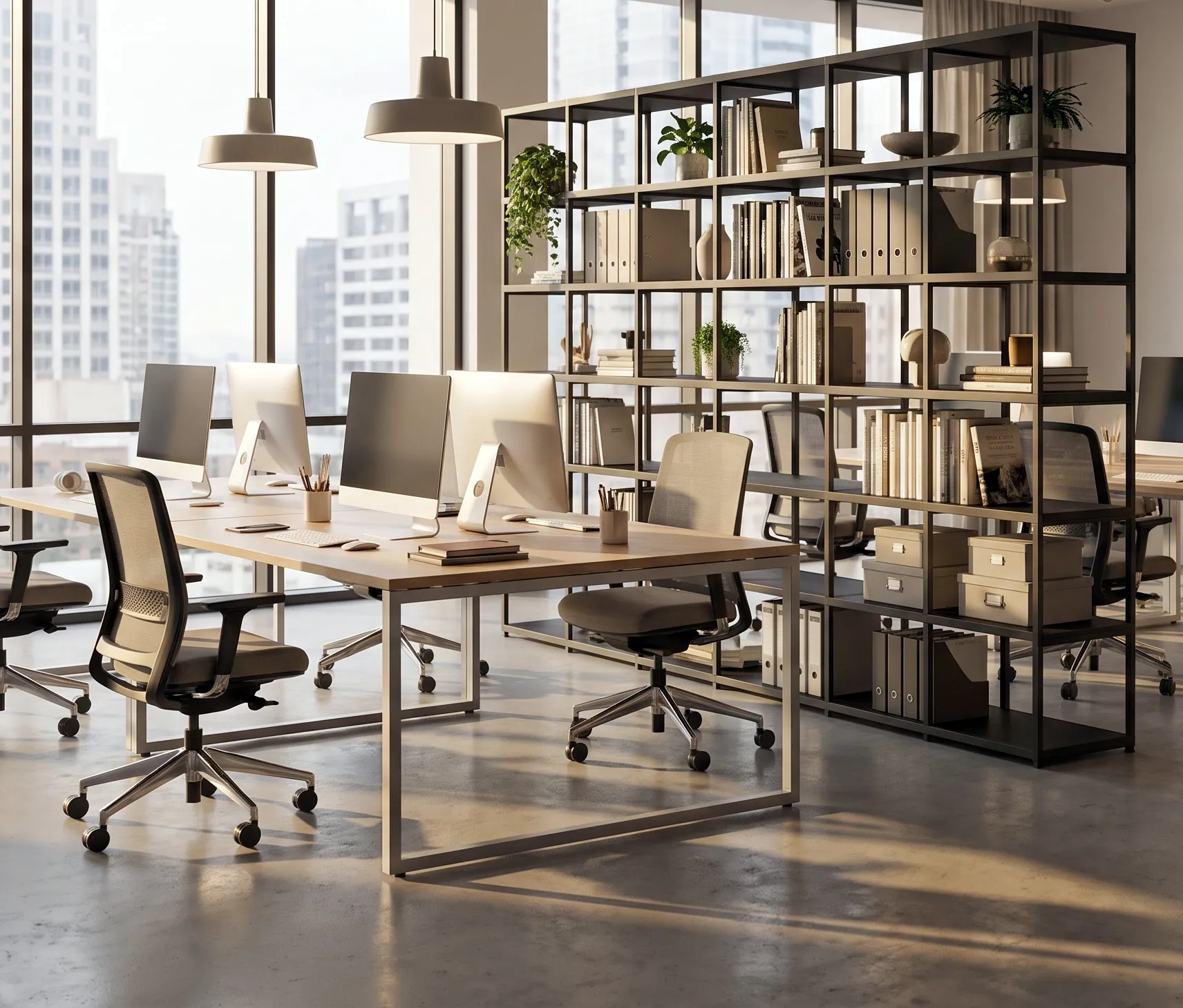Modern office space with multiple computer workstations, black mesh chairs, large shelving unit with books and plants, pendant lights, and city views through