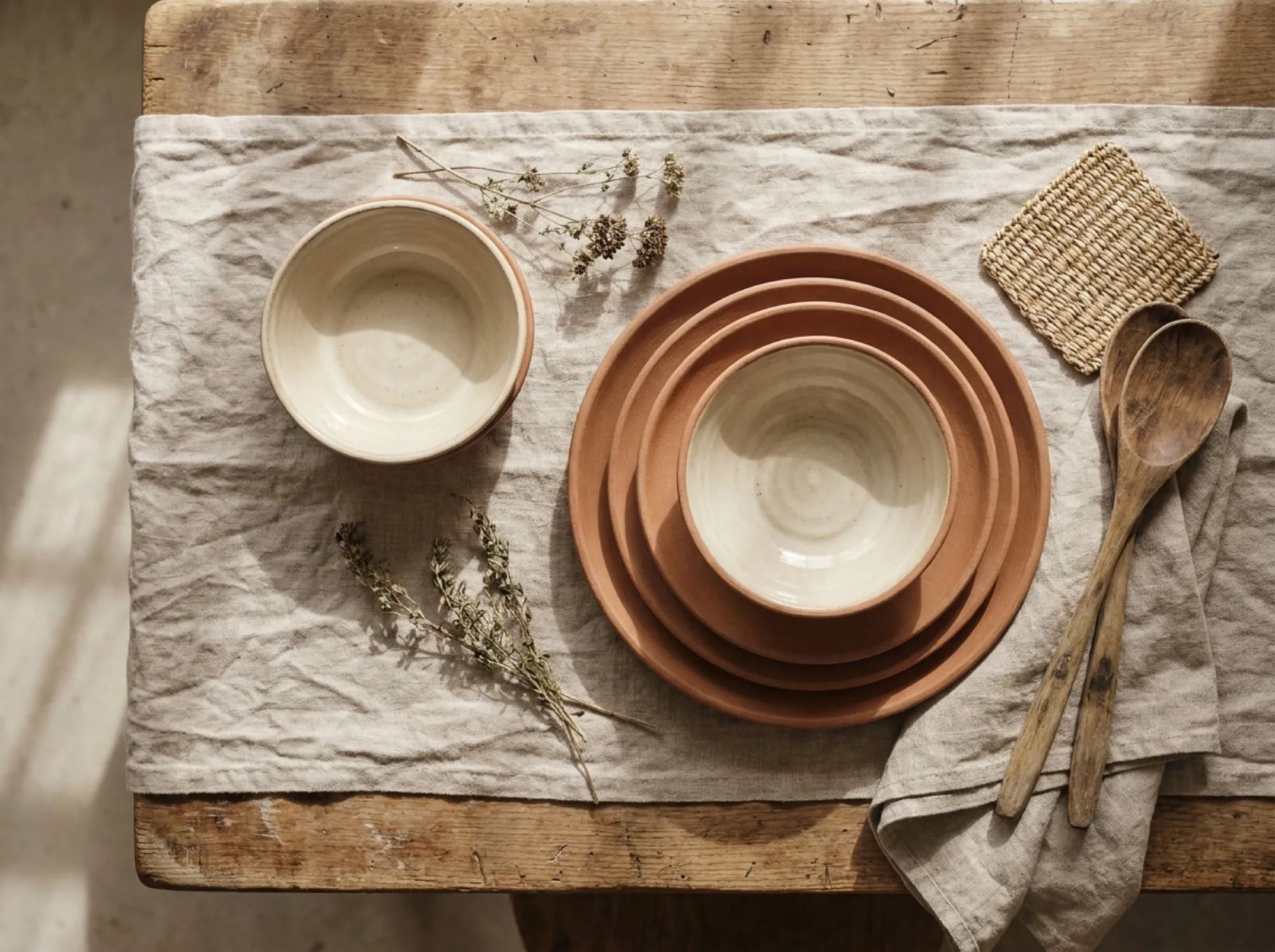 Stoneware plates and bowls laid on a linen tablecloth