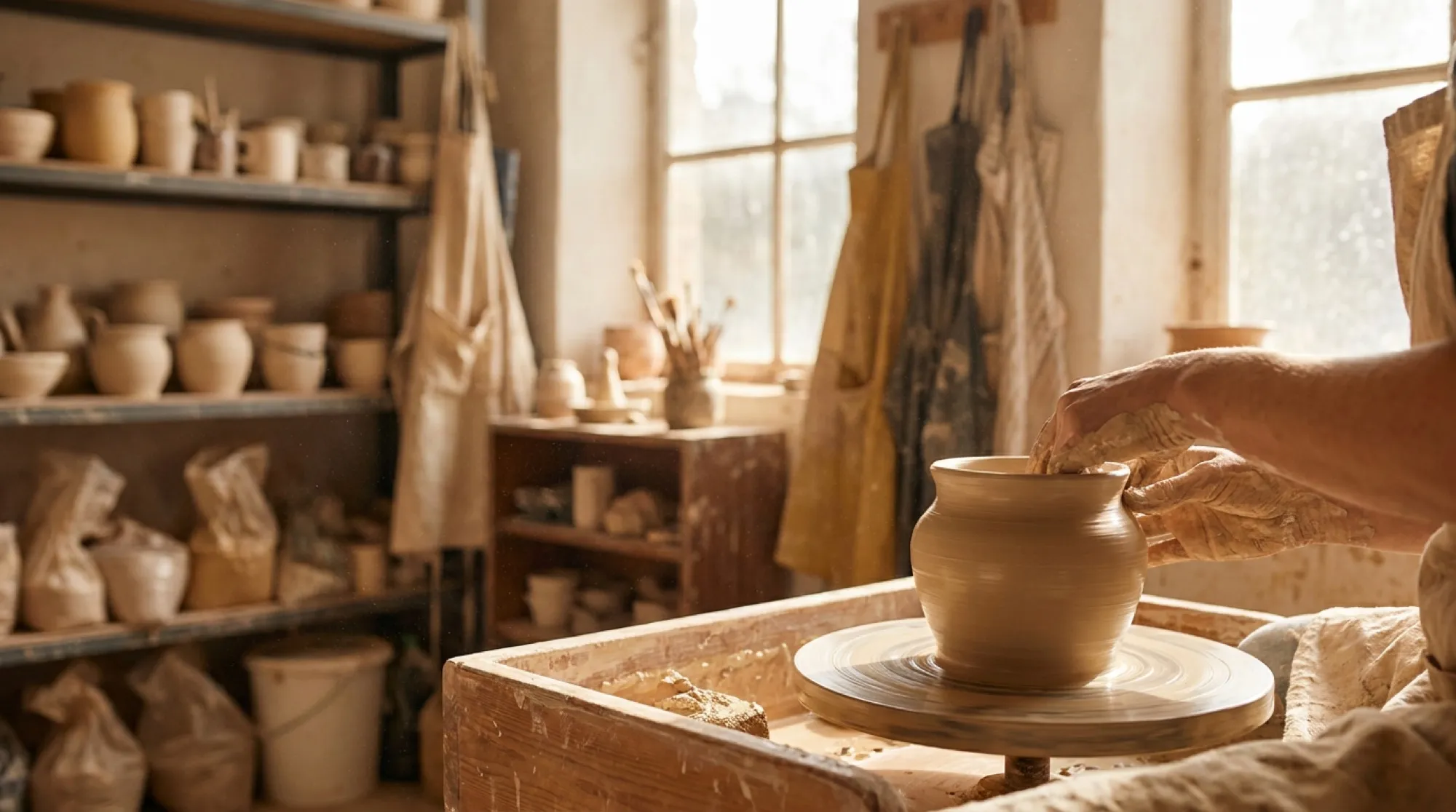 Potter at the wheel beside shelves of finished pieces