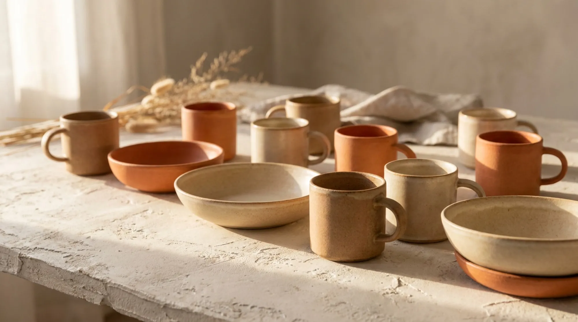 Mugs, cups and bowls in earthy glazes on a studio table