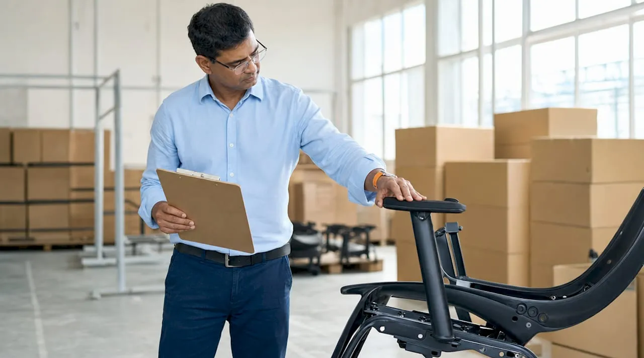 Man inspecting commercial office chair frame in warehouse