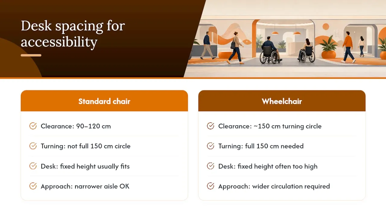 Wheelchair turning circle compared with desk clearance