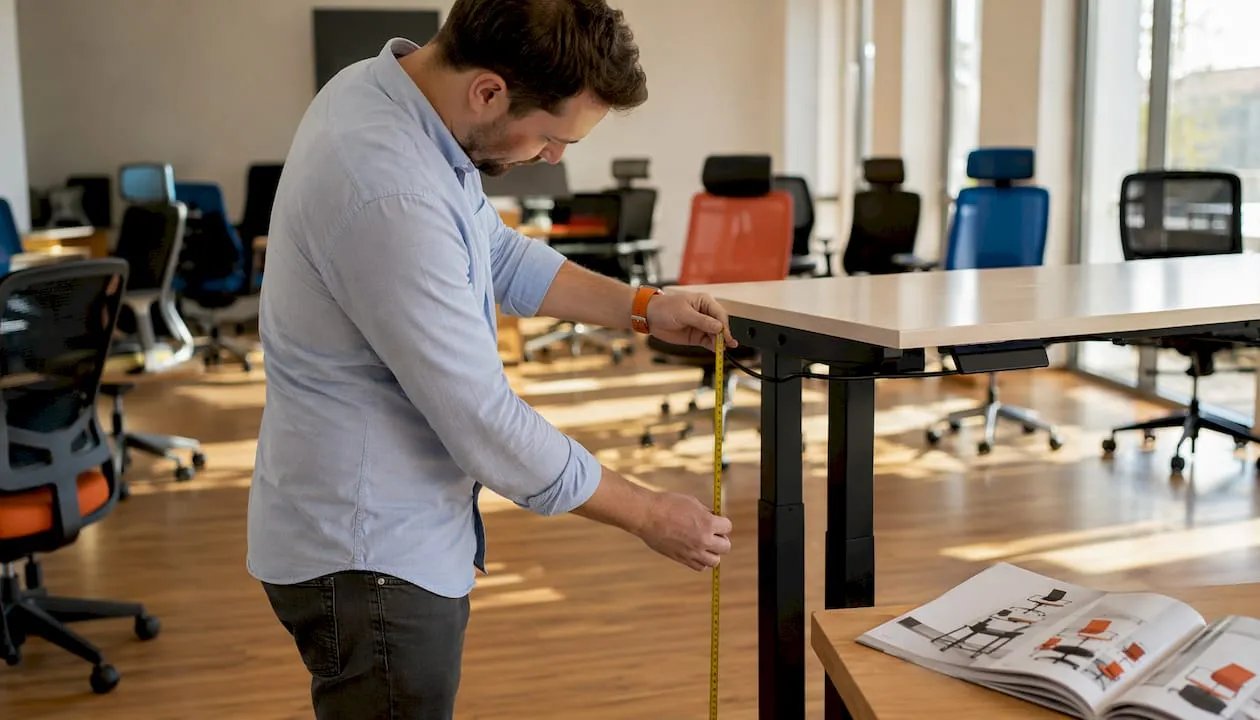 Hands measuring ergonomic desk in showroom