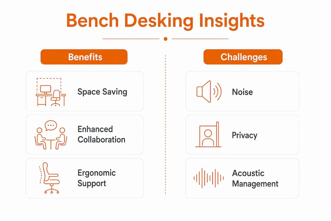 Infographic illustrating bench desking benefits and challenges