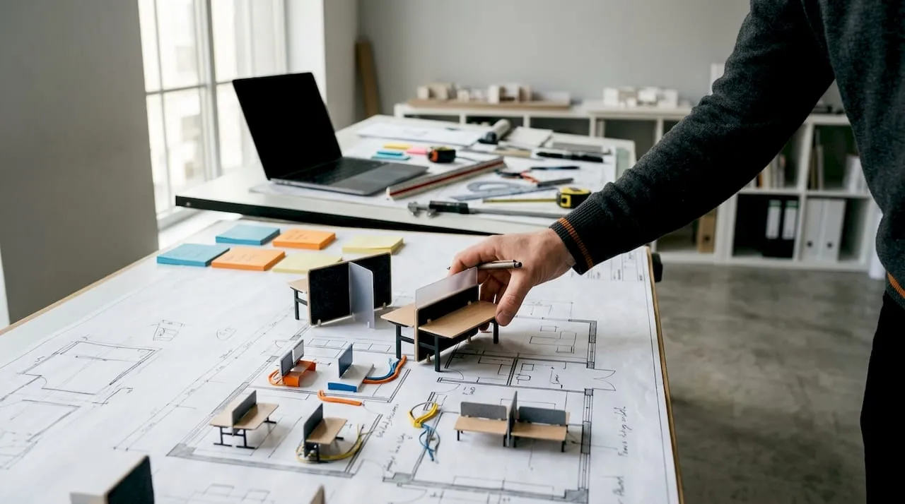 Hands arranging modular desk components on floor plan