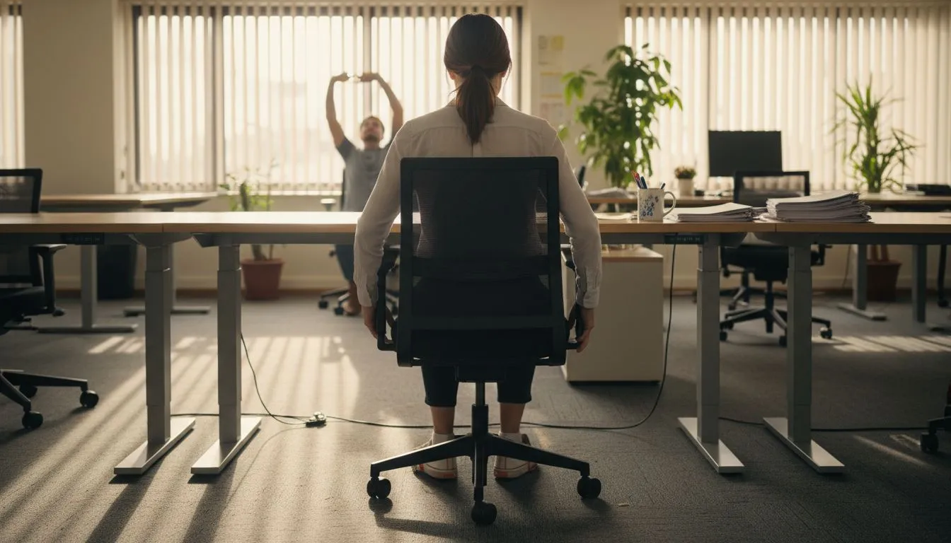 Woman adjusts chair height in office setting