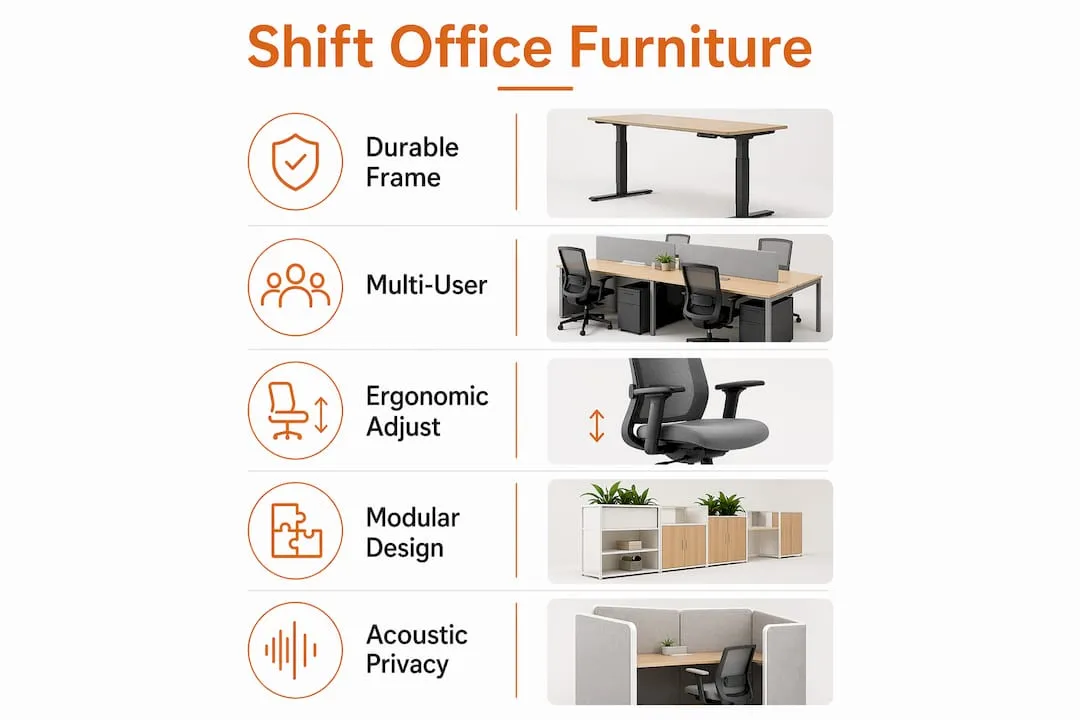 Infographic showing key furniture features for shift offices