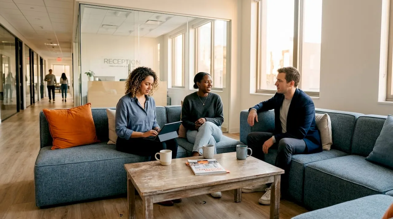 Coworkers in modular office breakout area