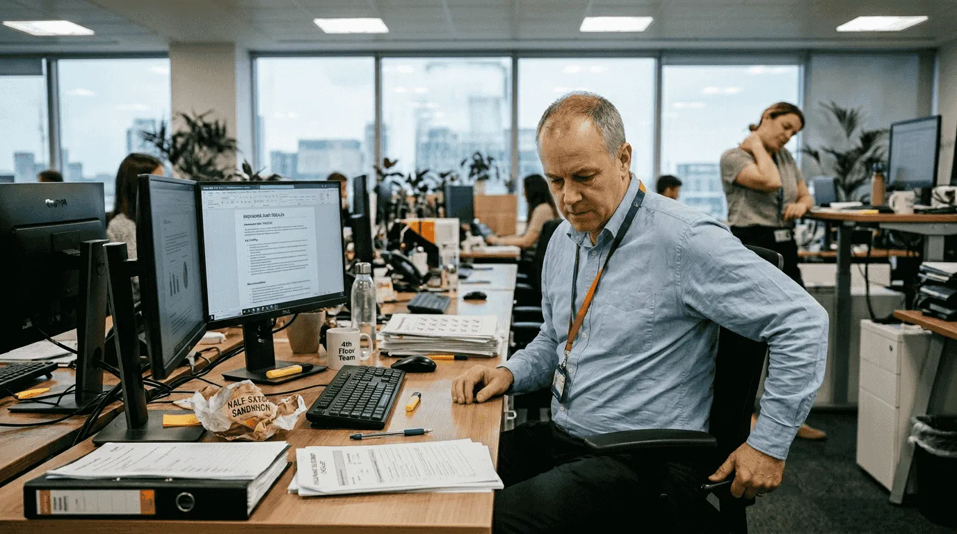 Office worker adjusting ergonomic chair during assessment