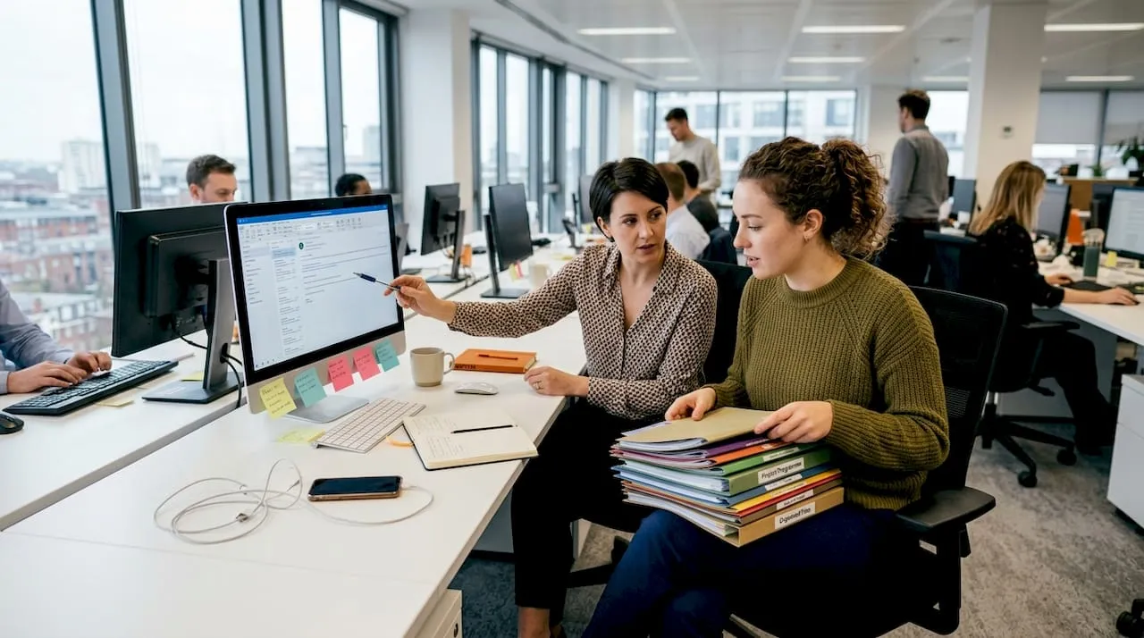 Coworkers using bench desk with everyday items