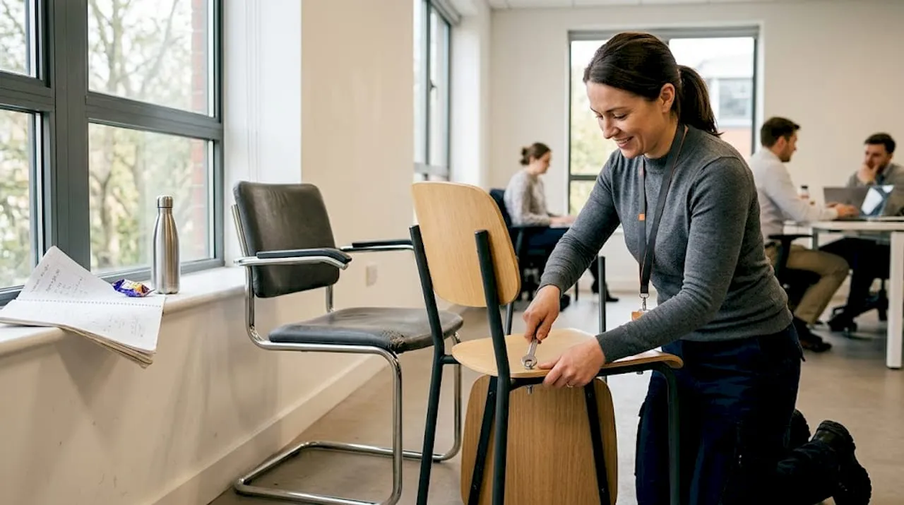 Manager examines steel frame visitor chair durability