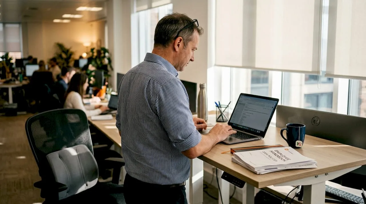 Employee using standing desk with ergonomic setup