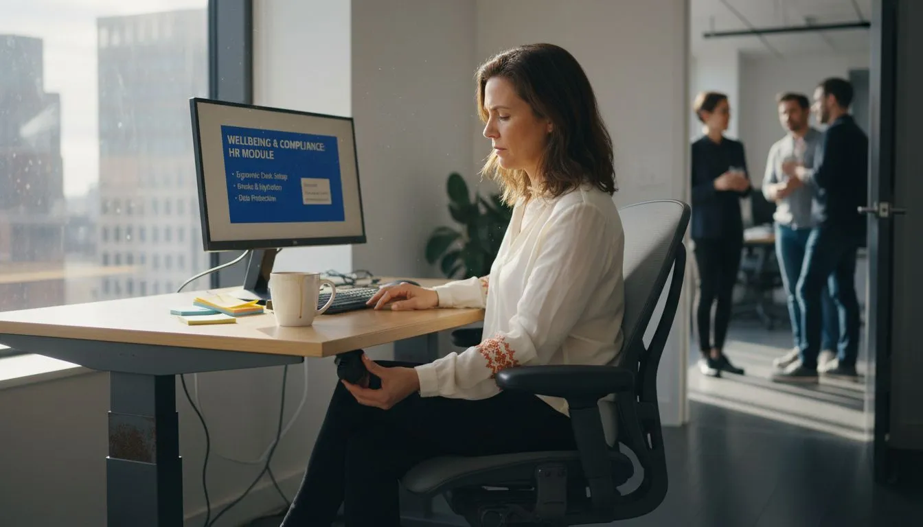Employee adjusting ergonomic office chair settings