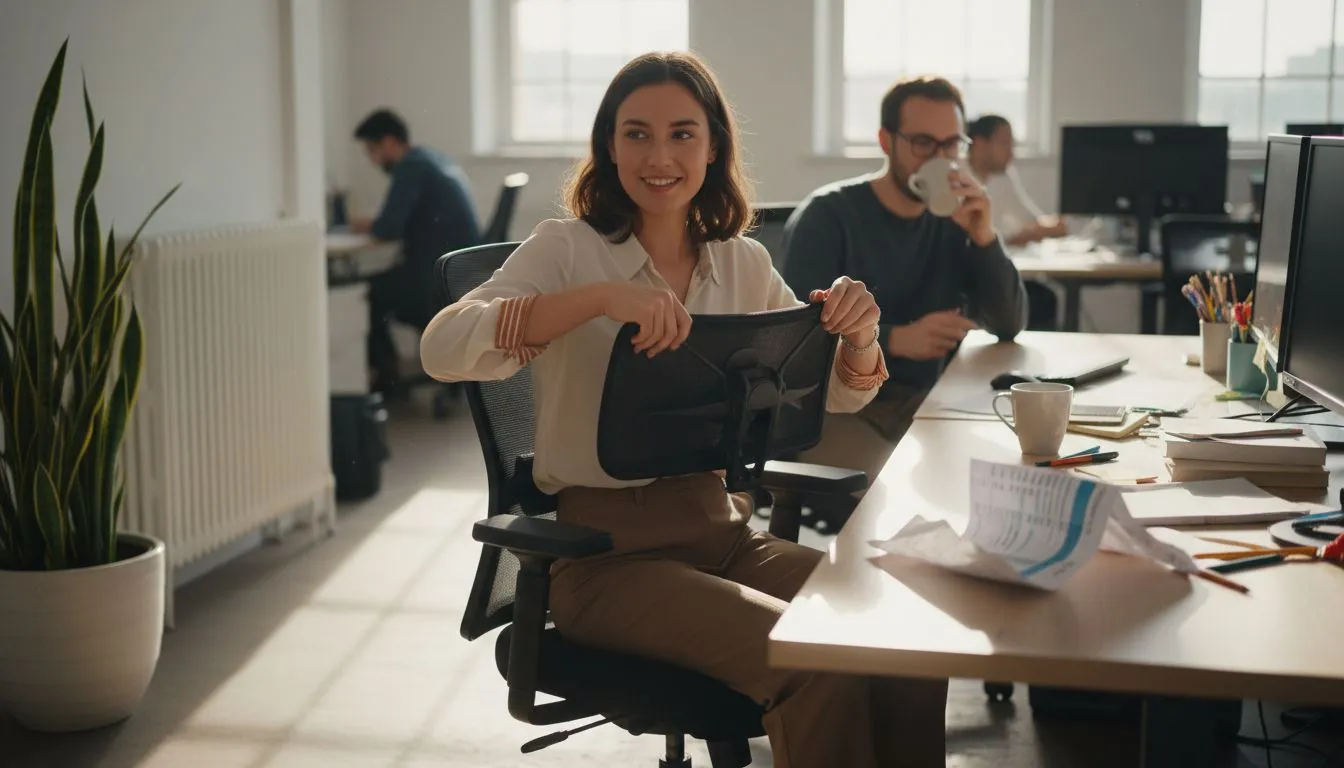 Worker adjusting ergonomic office chair in open office