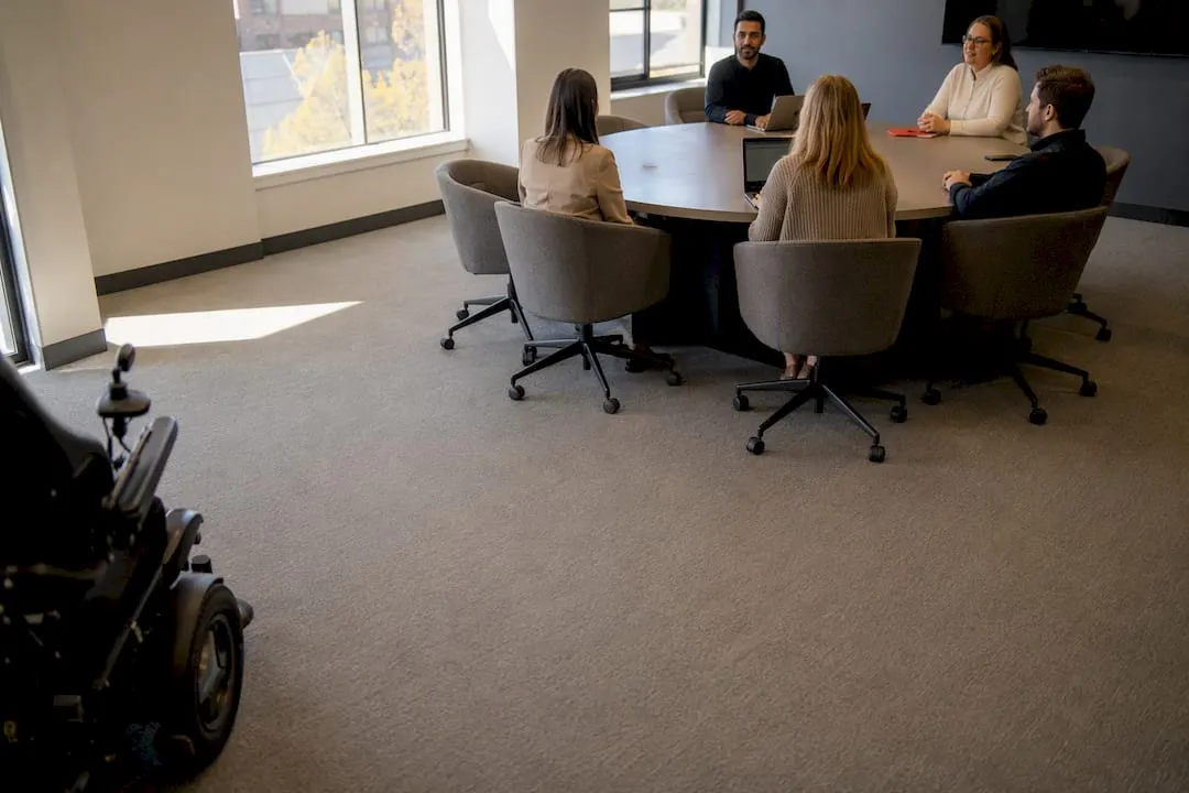 Meeting room floor clear for wheelchair access