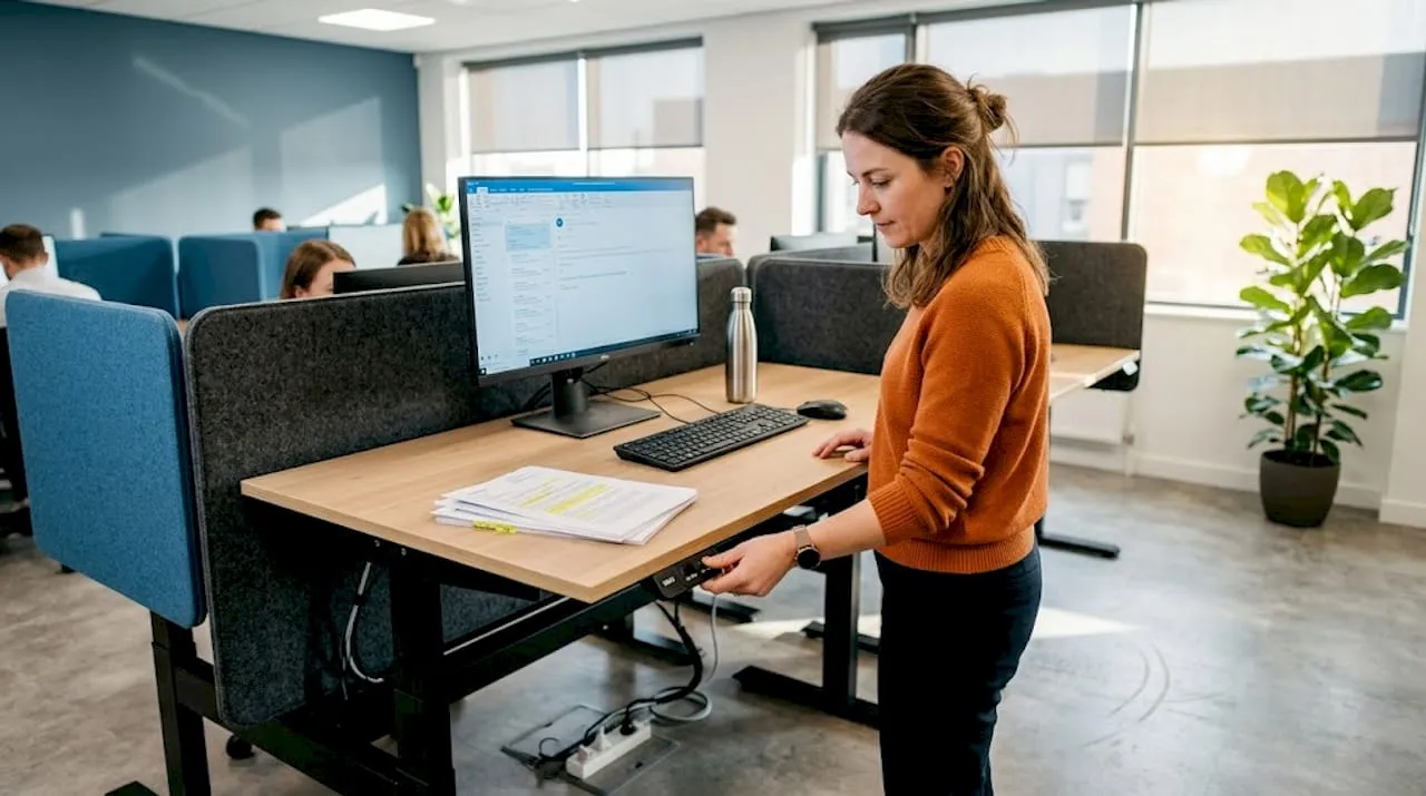 Person adjusting ergonomic sit-stand desk setup