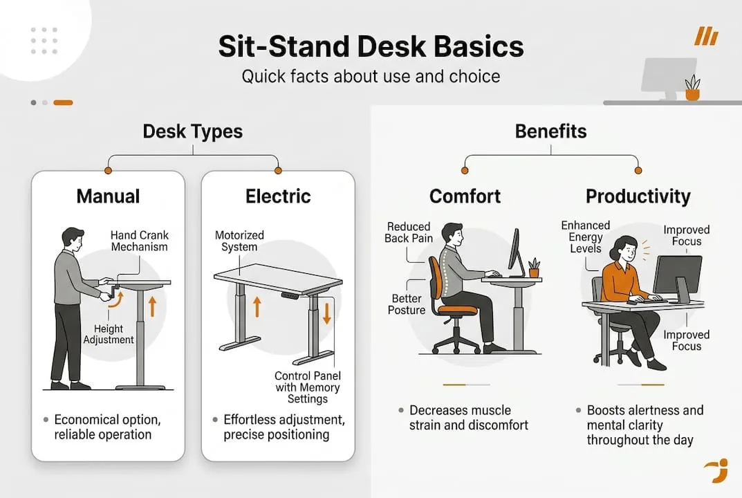 Infographic on sit-stand desk types and benefits