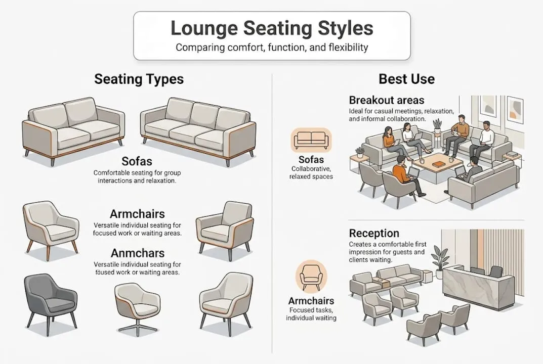 Infographic comparing office lounge seating types and uses