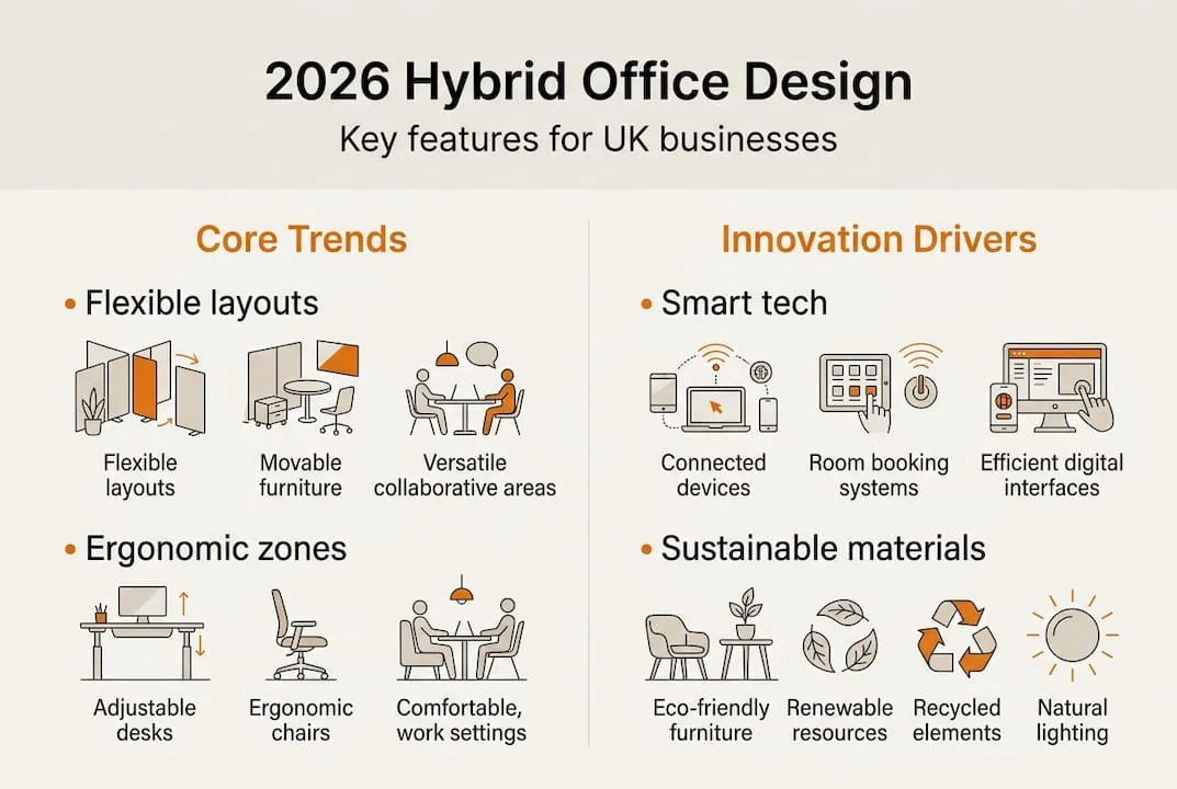 Infographic summarizing 2026 UK hybrid office design trends