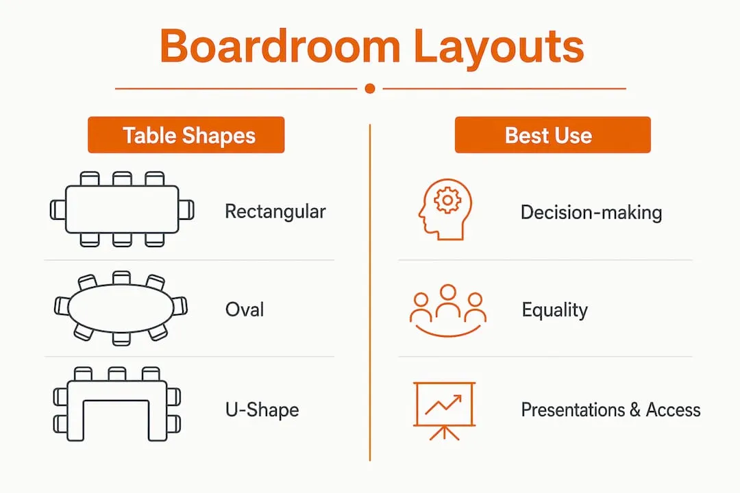 Infographic comparing boardroom table shapes and uses