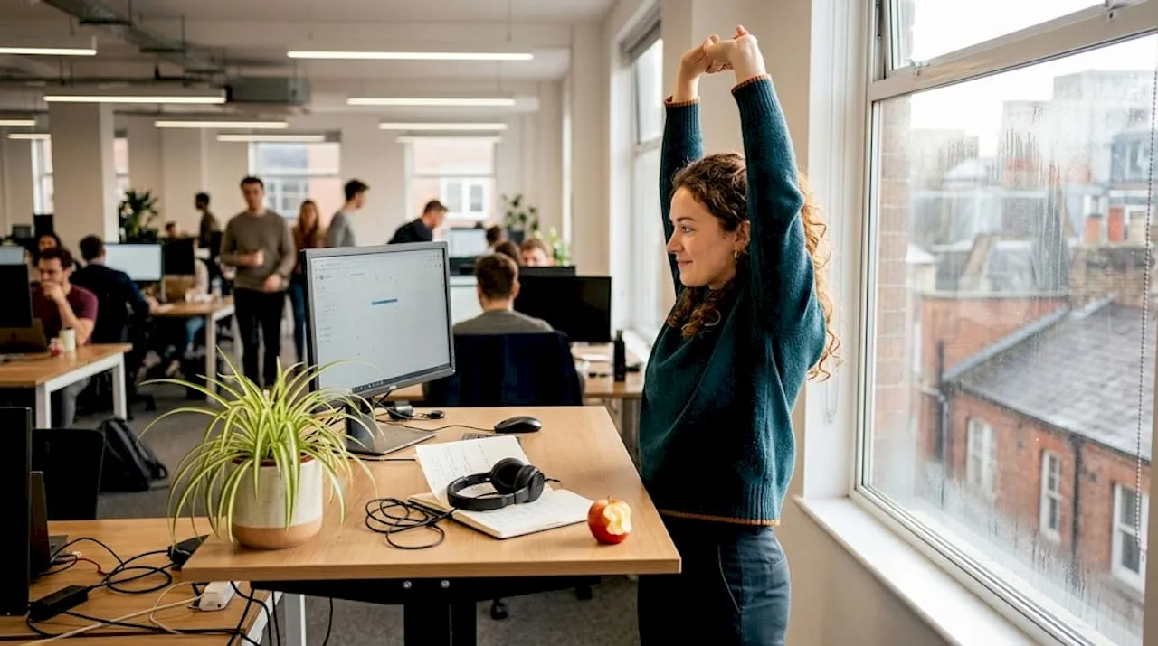 Office worker using standing desk near window