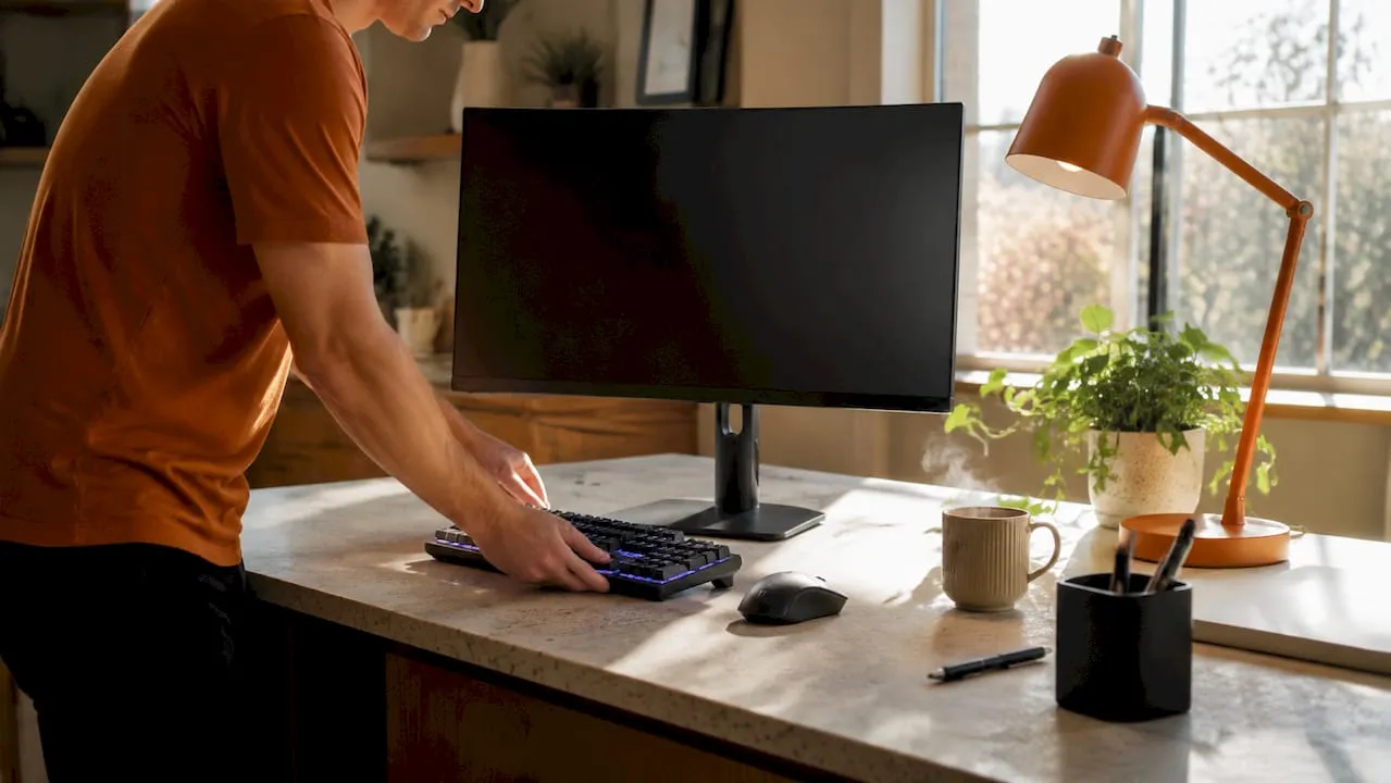 Hands placing peripherals on office desk with lamp