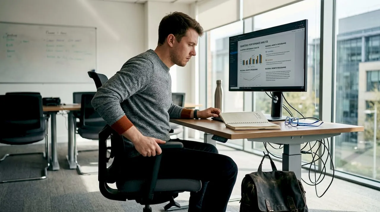 Adjusting ergonomic chair at office desk