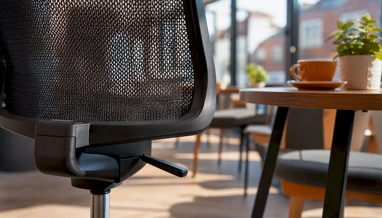 Close-up of budget office chair adjustment and fabric