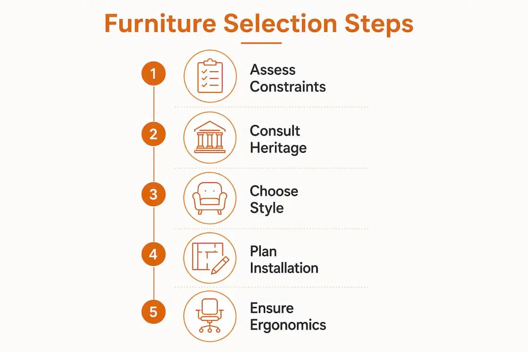 Infographic illustrating furniture selection steps in listed buildings