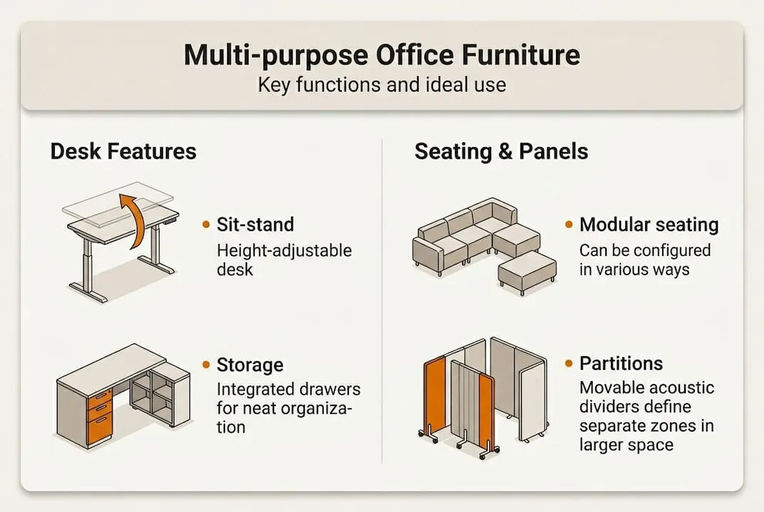 Infographic showing common multi-purpose office furniture types
