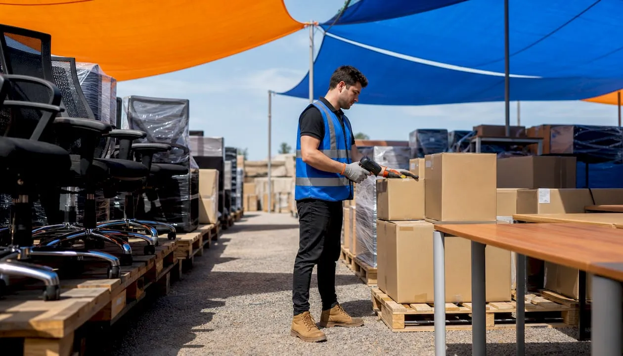 Warehouse worker scanning bulk office furniture boxes
