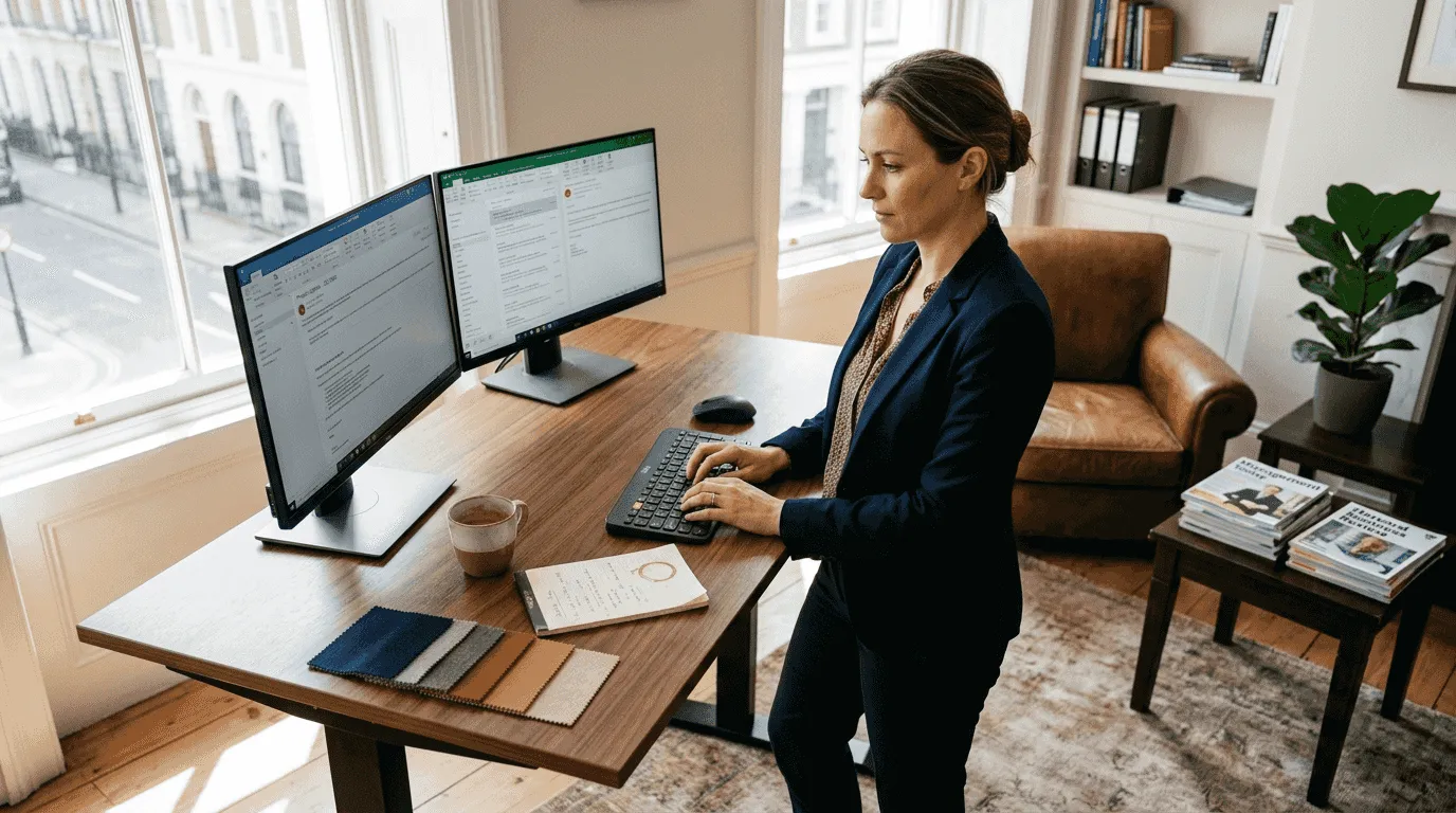Executive working at standing desk with monitors