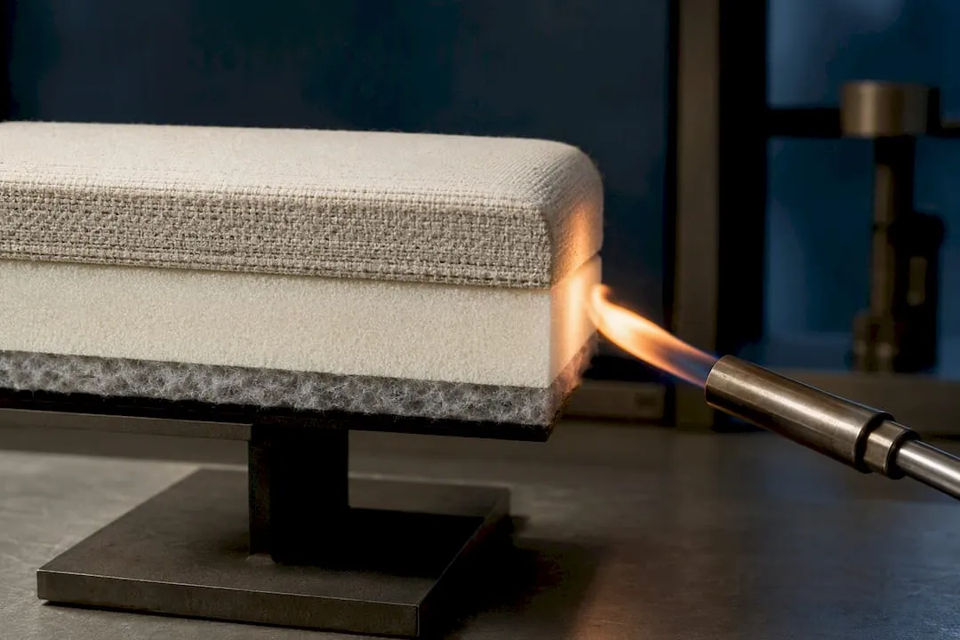 Layered upholstery composite fire test illustration