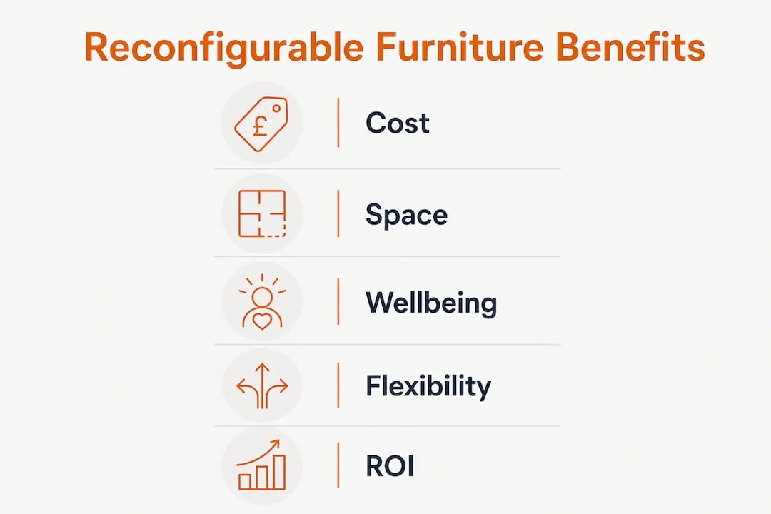 Infographic illustrating benefits of reconfigurable furniture for offices