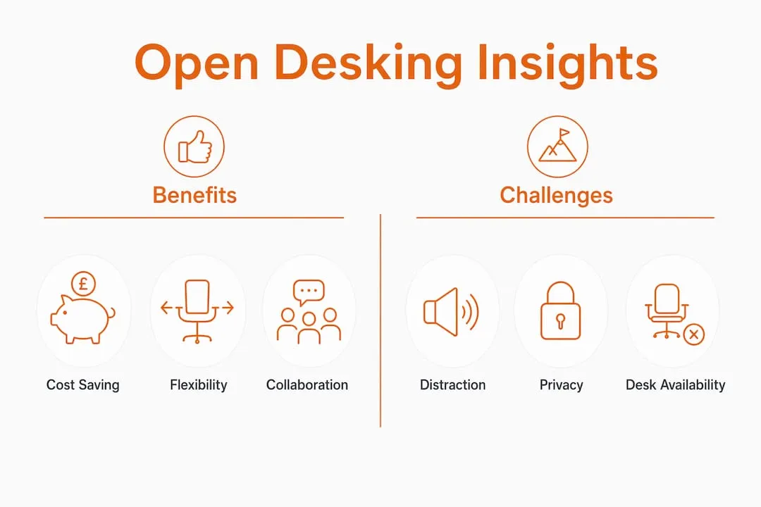Infographic comparing benefits and challenges of open desking