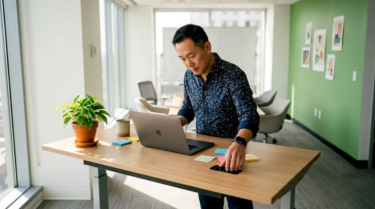 Man adjusting height-adjustable desk in meeting room
