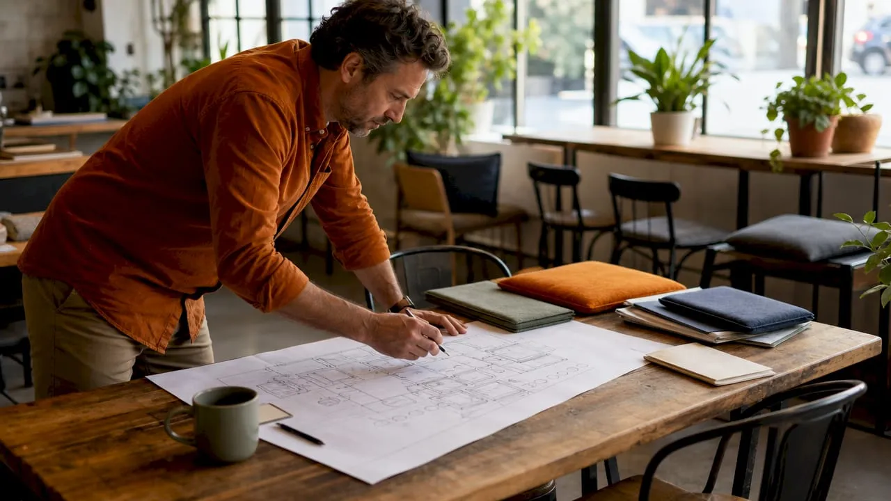 Manager planning cafe seating layout with sketches