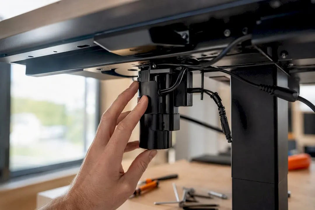 Hand inspecting desk motor wiring close-up