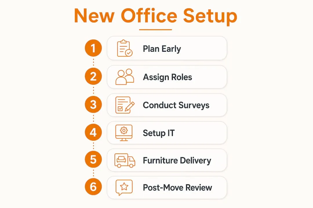 Infographic outlining new office setup workflow stages
