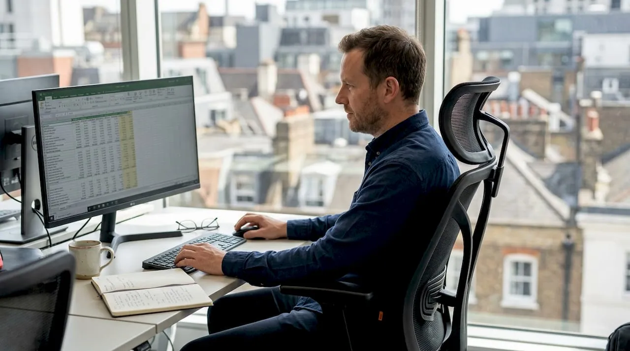 Man working in mesh-backed office chair