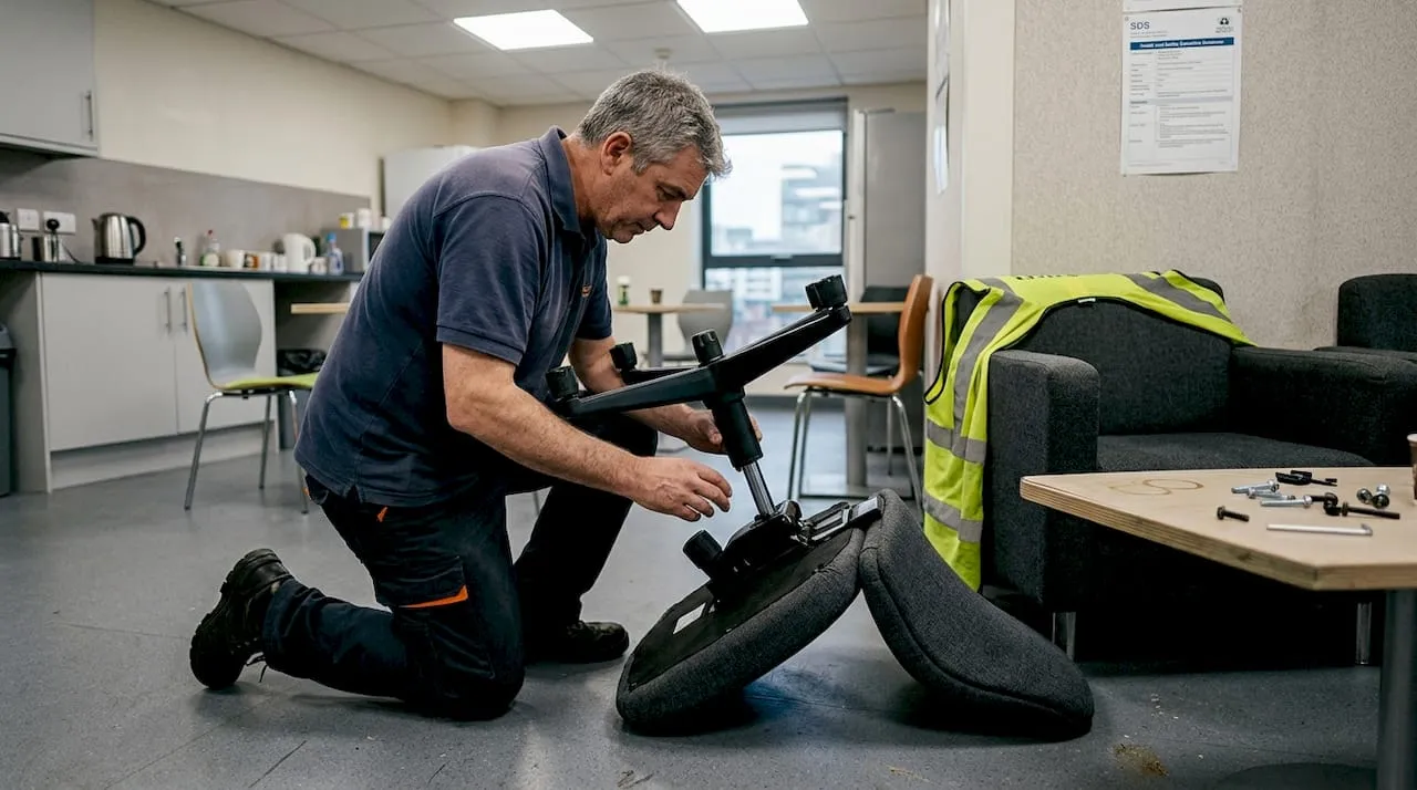 Technician examining commercial office chair frame
