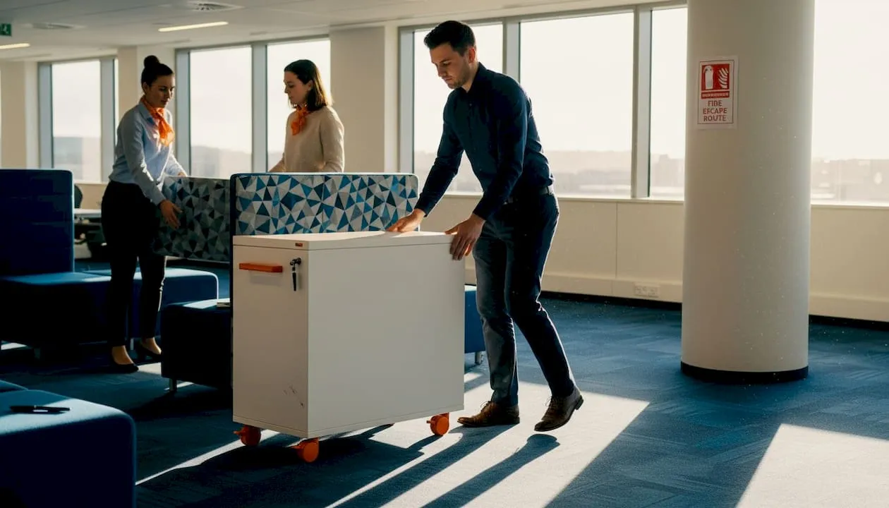 Staff moving mobile storage in breakout zone