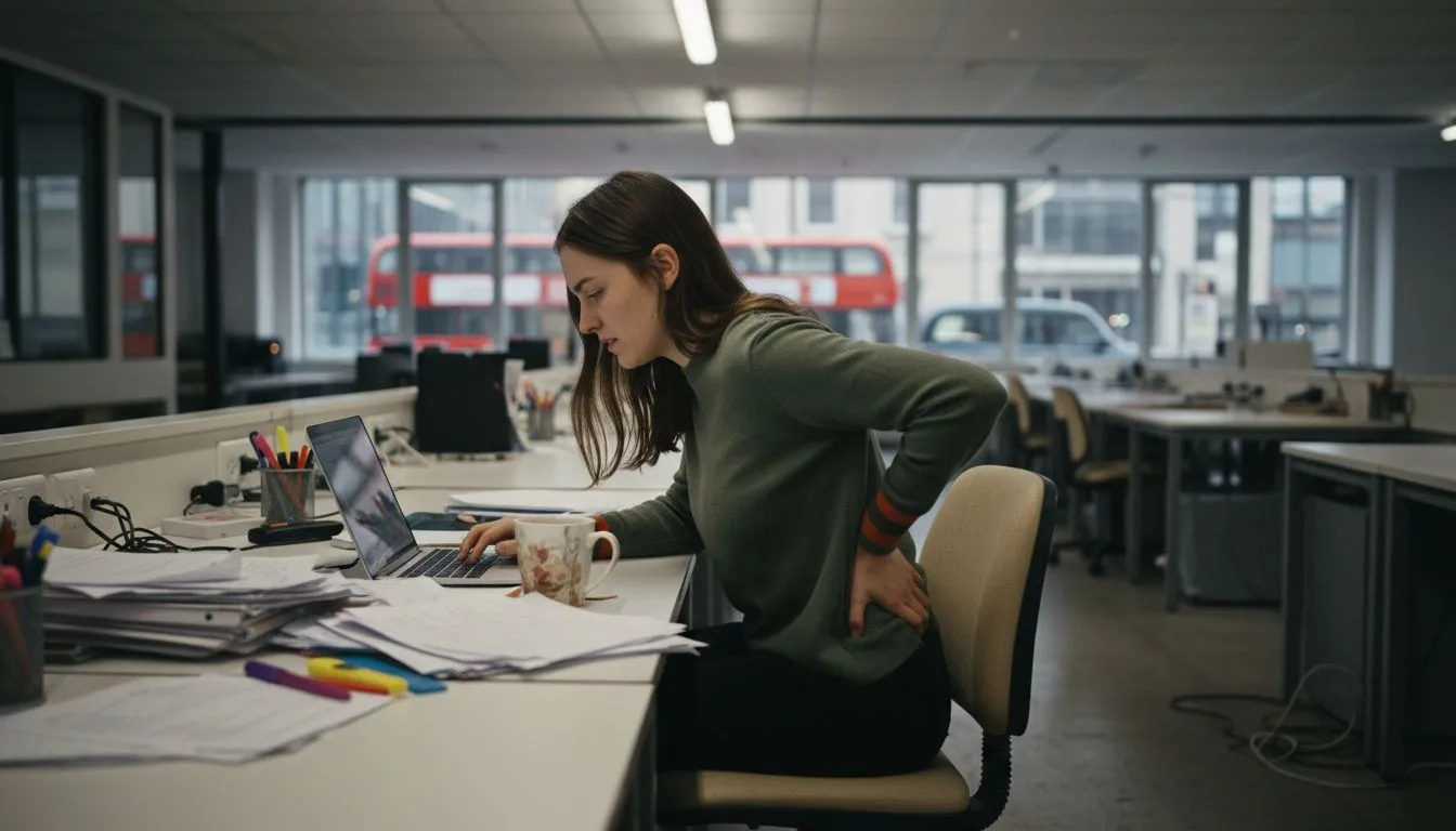 Woman in poor chair showing workplace discomfort