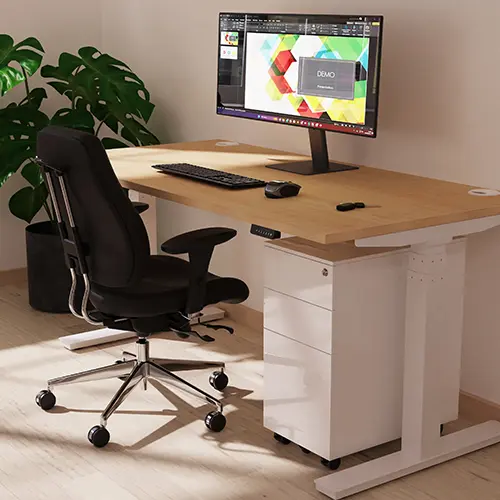 Height adjustable desk with an office chair