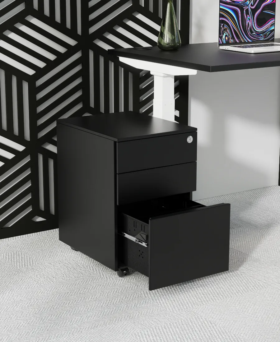 Black mobile pedestal with an open drawer
