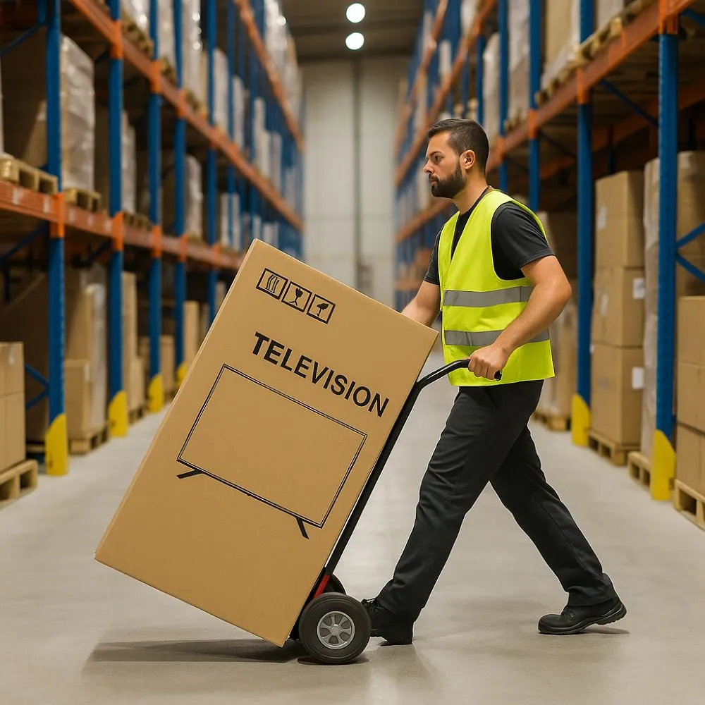 Warehouse operative moving a boxed TV on a sack truck